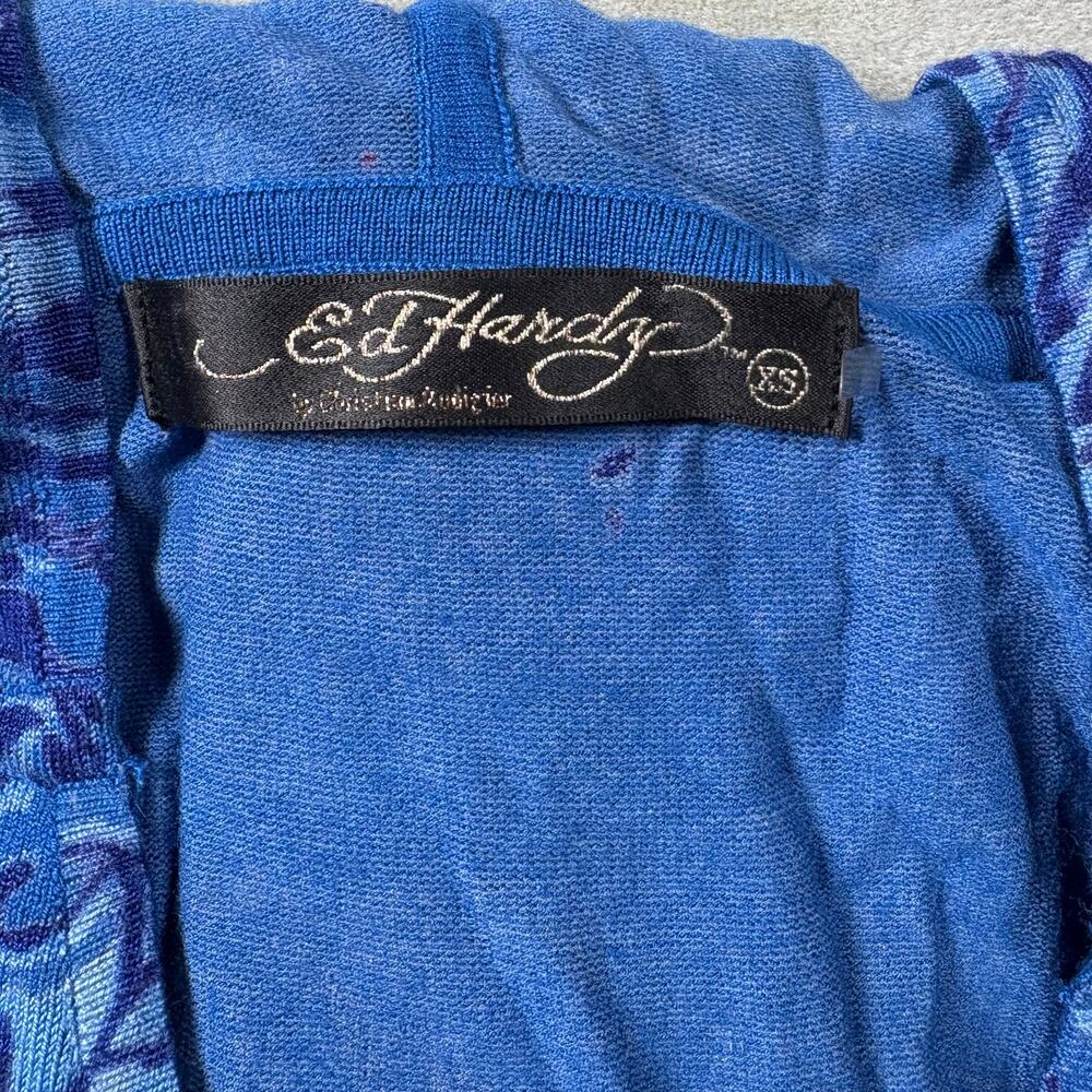 Ed Hardy Christian Audigier Womens XS Blue Skull Roses Hooded Zip Up Dress Y2K - Picture 7 of 8